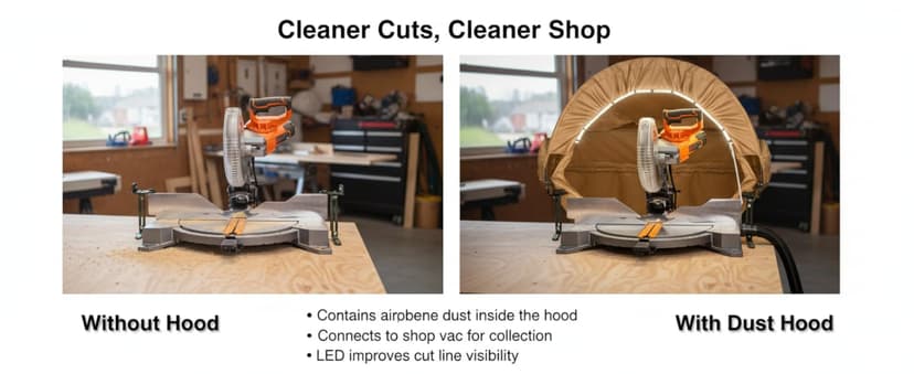 Miter Saw Dust Collection Hood with Light, Dust Solution for Miter Saws, Dust Collector, Accessory Holes, Universal Fit, Storage Bag - Khaki