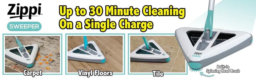 Zippi Sweeper Pro - 2025 New and Improved Lightweight Sweeper, Perfect for Short Carpet Hardwood and Tile, Triangular Design Allows for Sweeping in Corners, LED Light, 1 Hr Cleaning Time