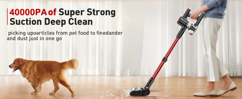 Cordless Vacuum Cleaner, 40Kpa 8-in-1 Vacuum Cleaners for Home, 45Mins Runtime Anti-Tangle Stick Vacuum with LED Display, 3 Modes Suction, Lightweight Vacuum for Hardwood Floor/Carpet/Pet Hair