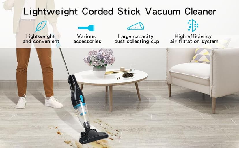 Intercleaner Corded Vacuum Cleaner, 15KPa Powerful Suction with 400W Motor, 12 in 1 Lightweight Bagless Stick Vac with Handheld, Ultra Quiet, for Hardwood Floor Carpet Car Pet Hair
