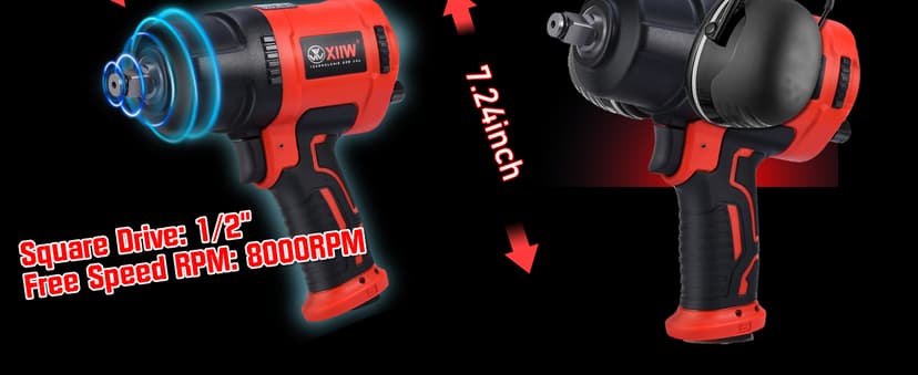 XIIW 1/2 Inch Air Impact Wrench, Max Torque 1560 ft-lbs, lightweight 4.4 lb Design, Heavy Duty 8000RPM 1/2 Air Impact Gun Driver, Twin Hammer Pneumatic Tool for Automobile Repair