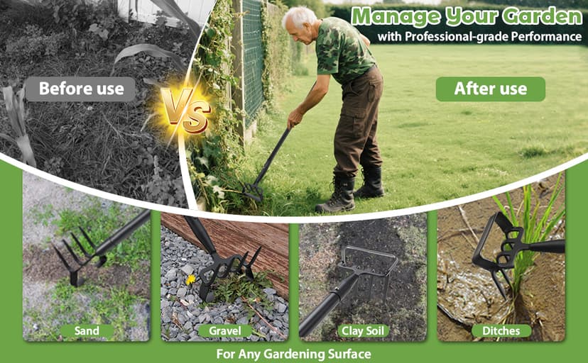 Garden Hoe,2 in 1 Heavy Duty Stirrup Hoe and Cultivator Gardening Tool Set with 62 inch Long Handle,Lightweight Hula Hoes Weeding Rake for Fast Weeds Grass Removal,Cultivating, Loosen Soil, Sharp Edge