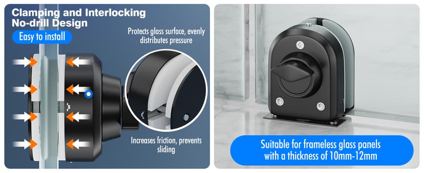 Ranbo Frameless Glass Door Floor Lock, Clamp-On No-Drill, 304 Stainless Steel, Fits 3/8"–1/2" (10–12 mm) Swing/Sliding Doors — Ideal for Office, Entrance, Storefront,Top or Bottom Mount, Matte Black