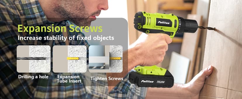 PULITUO'S 20V Cordless Drill/Driver, Electric Screwdriver - 2 Batteries, 30Nm, 21+1 Torque, 2 Speed, Keyless 3/8" Chase Drill with LED Light, Kit for Home (Green)