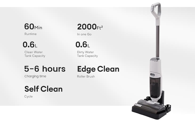 Smart Cordless Wet Dry Vacuum Cleaner and Mop for Hardwood Floor, Digital Display, Long Run Time, Great for Sticky Messes and Pet Hair, Space-Saving Design 250W