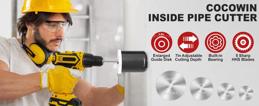 Inside Pipe Cutter for PVC Pipe Cutter Tool with 7" Scale Adjustable Depth Gauge Guide, 5pcs Saw Tooth Blades with 0.315 Hex Key Shaft, Plumbing Internal Plastic Pipe Cutter Set