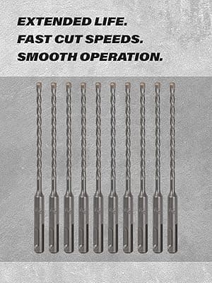 10-Pack SDS Plus 3/16" x 6" Rotary Hammer Drill Bits, Carbide Tipped for Brick, Stone and Concrete