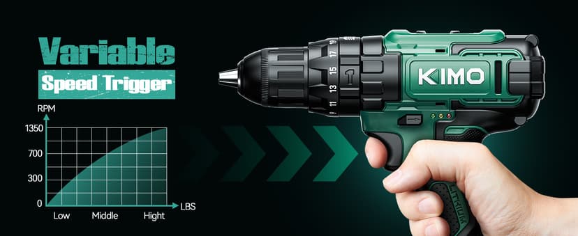 KIMO Hammer Drill - 20V 2X Battery Hammer Drill Cordless Drill Set, 350 In-lb Torque, 3/8" Keyless Chuck, 1350 RPM, 21+3 Position,14pcs Drill/Driver Bits, Power Drill Drivers for Concrete Brick Wall