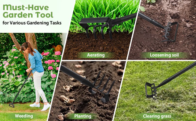 Garden Hoe,2 in 1 Heavy Duty Stirrup Hoe and Cultivator Gardening Tool Set with 62 inch Long Handle,Lightweight Hula Hoes Weeding Rake for Fast Weeds Grass Removal,Cultivating, Loosen Soil, Sharp Edge