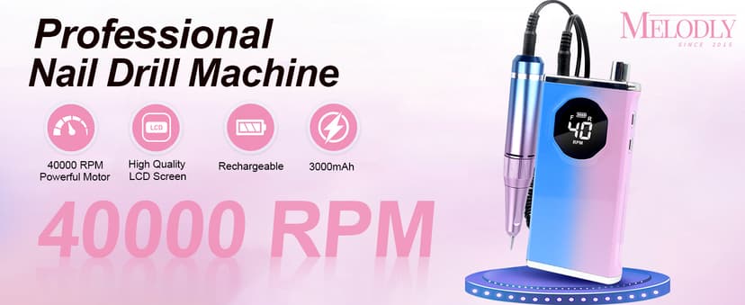 Electric Nail Drill File Professional 40000 RPM, Melodly Rechargeable Electric Nail File Machine Kit for Acrylic Gel Nails Polishing Removing, Portable Cordless Efile with Gold Bits Kit at Salon Home