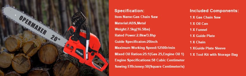 58CC 20 Inch 2-Cycle Gas Powered Chainsaw, 12500r/min 3.8 HP Chainsaw Gas Powered, Low Kickback, Anti-Vibration, Protective Design for Tree Wood Cutting(Red)