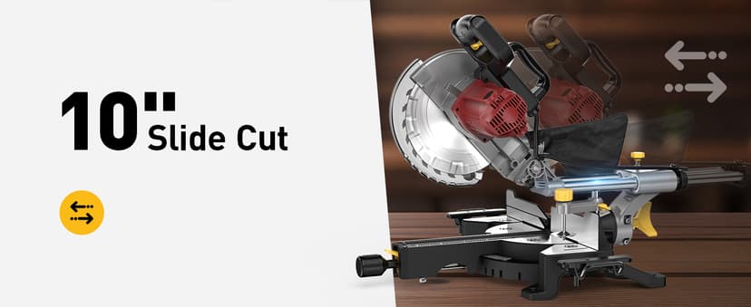 10-inch Sliding Compound Miter Saw, 5000RPM, 15 Amp, Single Bevel 0-45° with Extension Table, 36T Blade, Power Saw for Metal, Plastic, Wood, Laminates