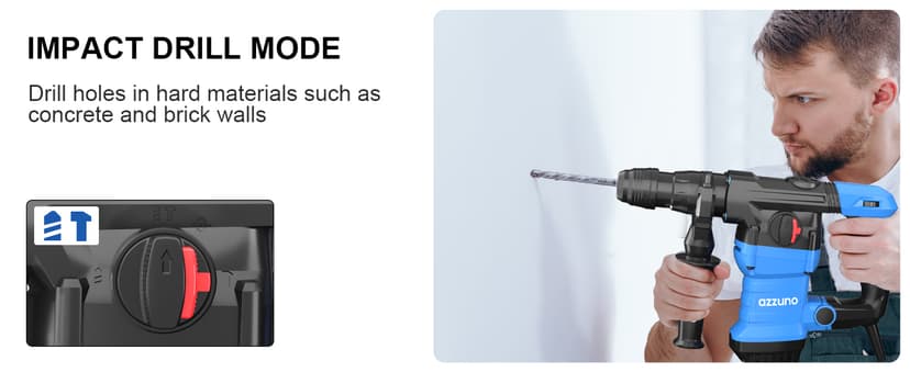 AZZUNO 1-1/4" SDS-Plus 15Amp Heavy Duty Rotary Hammer Drill, 4 Functions, for Drilling in Concrete, Brick and Stone, Includes Chisel and Drill Bits