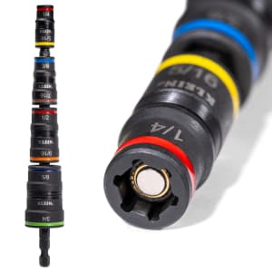 Klein Tools 32934 Impact Driver, 9-in-1 SAE Impact Socket Set, 4 Flip Sockets with 1/4, 5/16, 3/8, 7/16, 1/2, 9/16, 5/8, and 3/4-Inch Nut Driver Sizes with Bit Holder, 6-1/2-Inch Shaft