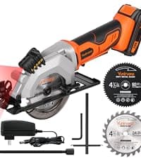 Mini Circular Saw, 20V 3400RPM Professional Cordless Circular Saw, Adjustable Angle and Depth,Max Cutting Depth 1-2/3"(90°), 1-1/8"(45°), Laser Guide, Rip Guide