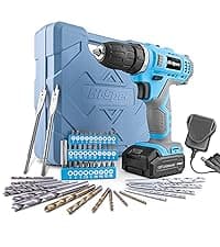 Hi-Spec Cordless Drill Set 50pc 12V Electric Power Driver in a Toolbox Case. Includes Rechargeable Battery, Power Screwdriver Bits, Wood, Metal, and Masonry Drill Bit Set Accessories