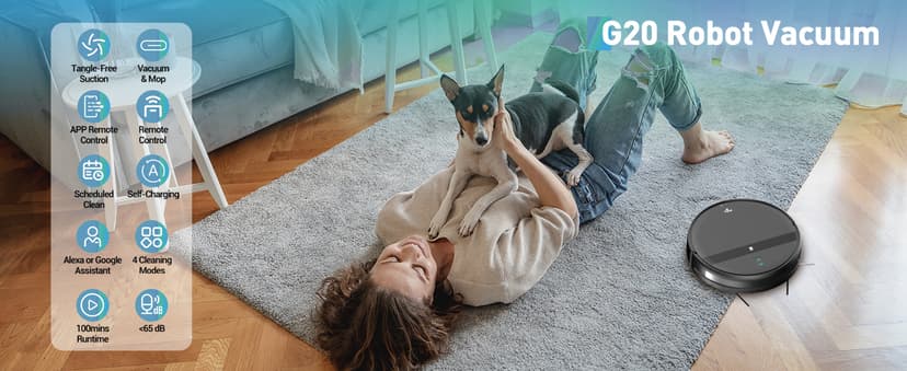 Robot Vacuum and Mop Combo, 2-in-1 Robotic Vacuum Cleaner with Tangle-Free Suction, WiFi/Alexa/App Control, Auto Recharge, Ultra-Slim Quiet Design for Pet Hair, Hard Floors & Low-Pile Carpets