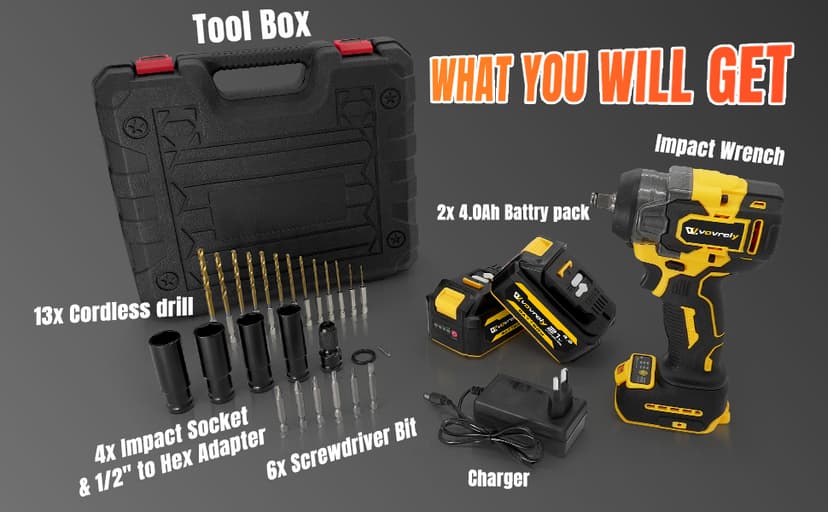 Cordless Impact Wrench 480 Ft-lbs(650N.m) High Torque 1/2 Inch, 3300RPM Brushless Electric Impact Gun, 2 * 4.0Ah Battery 4 Sockets 19 Drill Bits, 3 In 1 Impact Wrench for Car Home DIY