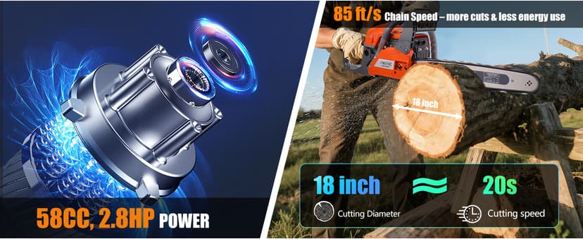 58CC Gas Chainsaw 18 Inch 20 Inch, Gas Powered Chain Saw with Ergonomic Handheld Petrol Gasoline Chain Saw, 2-Cycle Gas Engine Chainsaw for Tree Wood Firewood Outdoor Cutting