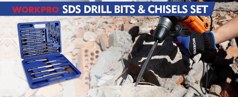 WORKPRO 17-Piece SDS-Plus Rotary Hammer Drill Bits and Chisel Set, Carbide-Tipped Masonry Drill Bits and Chisels for Concrete, Stone, Brick, with Storage Case