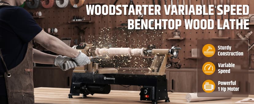12" x 18" Wood Turning Lathe, 1 HP Benchtop Woodworking Lathe with Variable Speed 650-3800 RPM, Dual-Function Design with Extension Ports for Belt Sander or Grinding Wheel or Rotary Kit