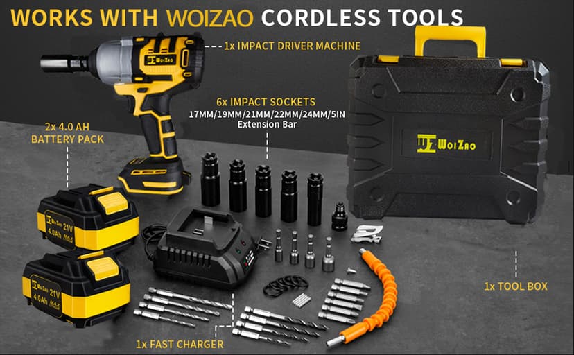 1/2 inch Cordless Impact Wrench,650Ft-lbs (800N.m) Brushless Power Impact Driver,3000RPM High Torque Impact Gun,2x 4.0 Battery, 5 Sockets,8 Drill,6 Screws for Home Car Tires Truck Mower