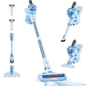 Cordless Vacuum Cleaner, 8-in-1 Lightweight Stick Vacuum with 45mins Runtime, Powerful Suction, Rechargeable Cordless Vacuum for Carpet, Tile, Pet Hair, Hardwood Floors, Blue