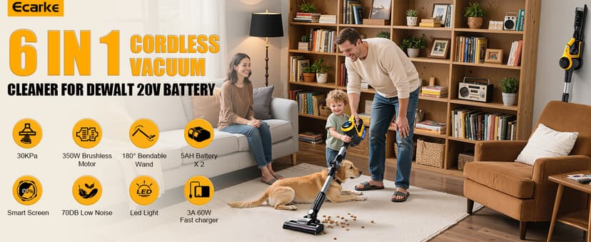 Cordless Stick Vacuum Cleaner Compatible with DeWalt Battery, 350W Brushless Motor, 30KPa Suction, 6-in-1 180° Bendable Wand, Smart Screen 2x5AH Batteries & Charger – Hardwood Floors