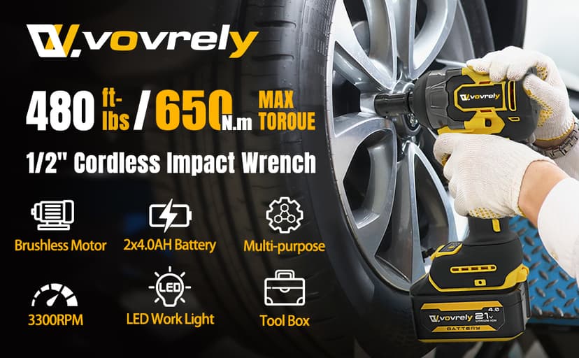Cordless Impact Wrench 480 Ft-lbs(650N.m) High Torque 1/2 Inch, 3300RPM Brushless Electric Impact Gun, 2 * 4.0Ah Battery 4 Sockets 19 Drill Bits, 3 In 1 Impact Wrench for Car Home DIY