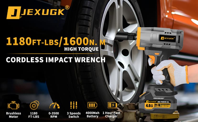1600Nm Cordless Impact Wrench, 21V 1/2" 1180Ft-lbs Impact Gun wiht 2 x 4.0Ah Battery, High Torque Pistola De Impacto with 6 Sockets, Brushless Llave De Impacto Driver for Truck/Car/Mower
