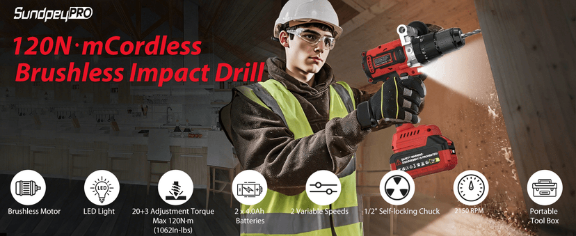 1060In·lbs Cordless Drill Driver - 20+3 Torque Brushless Hammer Drill with 2 x 4.0Ah Battery & Fast Charger - 21V Electric Power Drills Set with 2 Speeds & 1/2 Inch Self-locking Metal Chuck