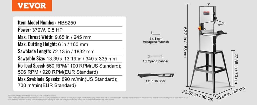 VEVOR Band Saw with Stand, 10-Inch, 560 & 1100 RPM Two-Speed Benchtop Bandsaw, 370W 1/2HP Motor with Metal Stand Optimized Work Light Workbench Fence and Miter Gauge, for Woodworking Aluminum Plastic