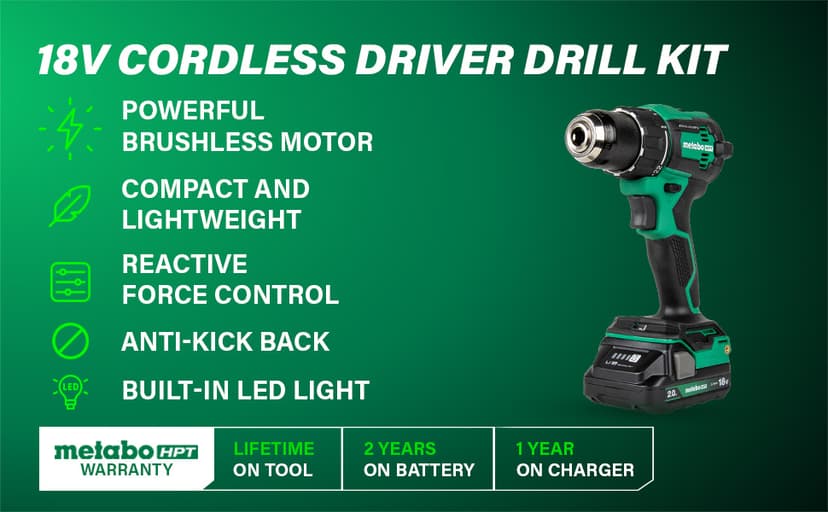 Metabo HPT 18V MultiVolt 1/2" Cordless Brushless Driver Drill Kit, High Power Drill Set with Bag, 2 Lithium-Ion Metabo Batteries and Charger, Compact Lightweight Power Driver, DS18DEX