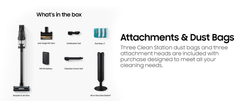 Samsung Bespoke AI Jet Ultra Cordless Stick Vacuum with All-in-One Clean Station, 400AW Powerful Suction, Long Battery Life, Anti-Tangle Pet Tool, 2025, Satin Black, VS90F40DMK/AA