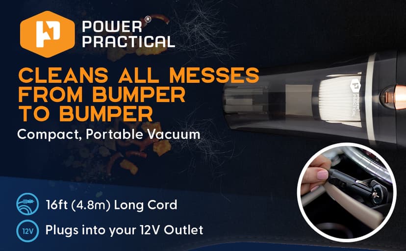 THISWORX Car Vacuum Cleaner - Portable, High Power, Handheld Vacuums w/ 3 Attachments, 16 Ft Cord & Bag - 12v, Auto Accessories Kit for Interior Detailing - Black