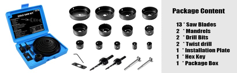 Hole Saw Set, 22PCS Hole Saw Kit with 3/4" to 5" (19mm-127mm) 13Pcs Saw Blades, Mandrels, Installation Plate, Drill Bits, Hex Key with Storage Box, Ideal for Soft Wood, Plywood, Drywall, PVC