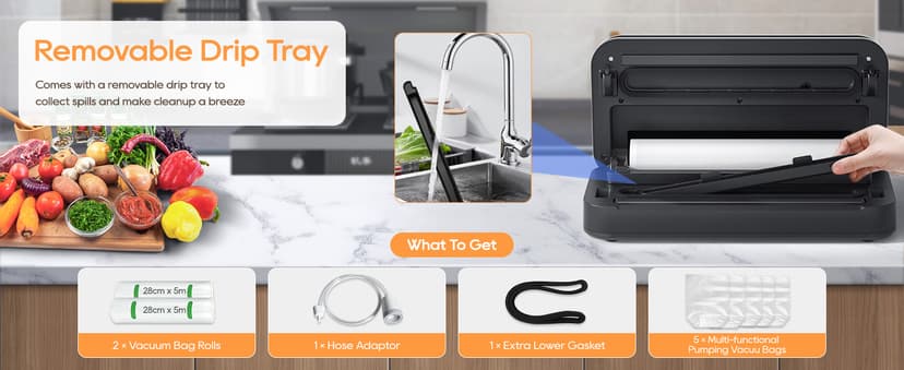 2025 Updated Stylish design Precision Vacuum Sealer Machine Pro for Food Saver, Concealed Handle 90Kpa Vacuum Sealers for Sous Vide,Liquid Food/Build with Cutter/Large Bag Storage/2 Bag Rolls