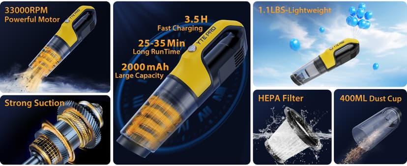 Handheld Vacuum Cordless 1.1 Pounds Car Vac 10000PA Hand Held Vacuums 4-in-1 Hand Vac Cordless Rechargeable HEPA Filter Large Capacity Dust Cup for Car Office Home Pets Hair (Yellow&Black)