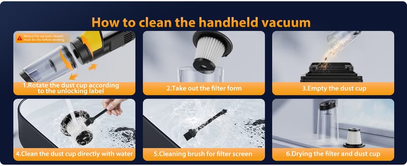 Handheld Vacuum Cordless 1.1 Pounds Car Vac 10000PA Hand Held Vacuums 4-in-1 Hand Vac Cordless Rechargeable HEPA Filter Large Capacity Dust Cup for Car Office Home Pets Hair (Yellow&Black)