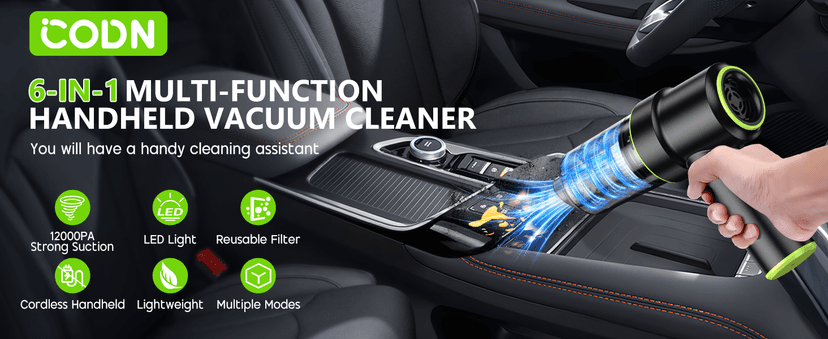 CODN Handheld Car Vacuum Portable Cordless 12000PA, 2 in 1 Handheld Vacuum Cleaner and Air Duster with Multi-Nozzles and LED Light, Mini Hand Held Vacuum Rechargeable for Home, Car, Office, Pet Hair