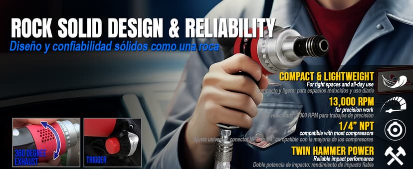 LE LEMATEC Professional Air Impact Driver - 13000 RPM Pneumatic Wrench with Twin Hammer, 40 ft-lb Torque, 1/4" NPT Compact Gun for Automotive, Furniture & Woodworking (LE-ID413)