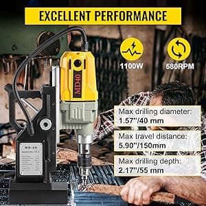 VEVOR Magnetic Drill, 1100W 1.57" Boring Diameter, 2697lbf/12000N Portable Electric Mag Drill Press with 12 Drilling Bits, 580 RPM Max Speed Drilling Machine for any Surface and Home Improvement