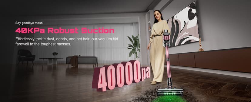 Cordless Vacuum Cleaner, 10 in 1 Stick Vacuum with Powerful Suction, Hose, Green LED Light, Anti-Tangle Brush, Lightweight Rechargeable Vacuum Cleaner for Home, Hardwood Floors, Carpets, Pet Hair,Pink