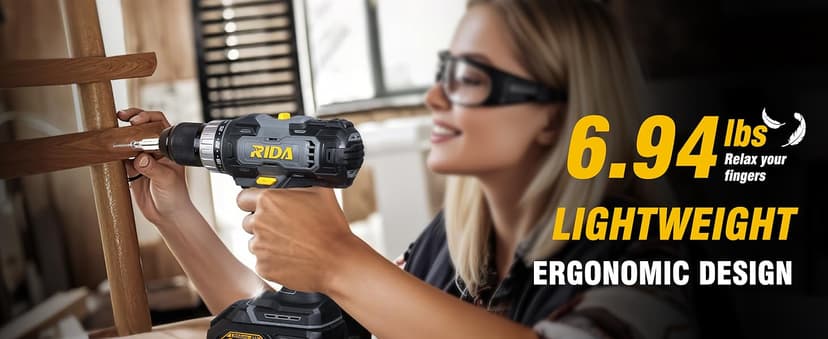 RIDA Cordless Drill Power Drill Cordless 20V 1/2'' Keyless Metal Chuck 355 In-lb(40N.m) Torque with 2.0AH Li-ion Battery & Fast Charger, Variable Speed, 25+1 Position and 22pcs Bits