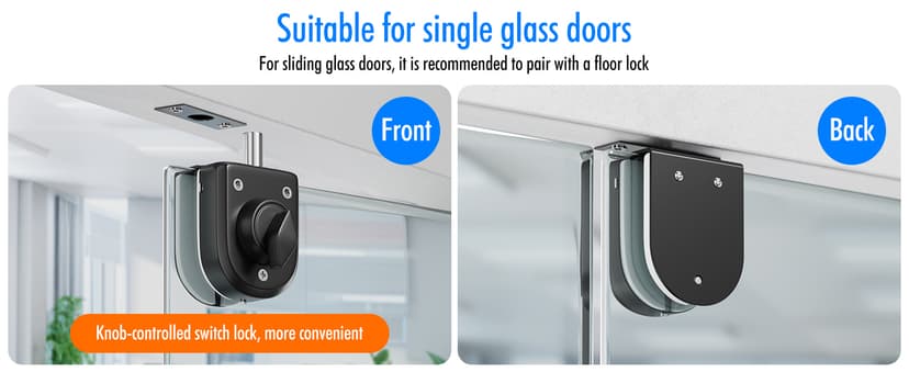 Ranbo Frameless Glass Door Floor Lock, Clamp-On No-Drill, 304 Stainless Steel, Fits 3/8"–1/2" (10–12 mm) Swing/Sliding Doors — Ideal for Office, Entrance, Storefront,Top or Bottom Mount, Matte Black