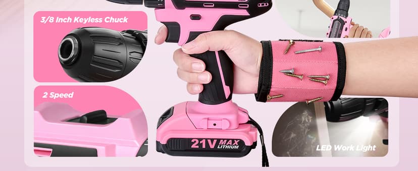Pink Cordless Drill Set 142 Pcs, 21V Pink Power Drill Tool Set Kit with Storage Bag, Electric Drill Set for Women, Precision Screwdriver set, Magnetic Wristband, for Home DIY Projects