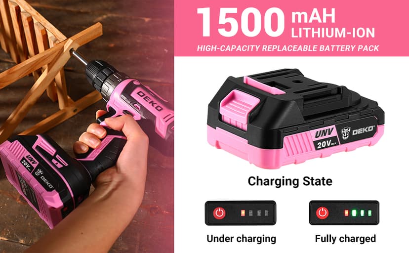Power Drill Cordless: DEKO PRO Pink Cordless Drill 20V Electric Power Drill Set Tool for Women Drills with Battery and Charger 20 Volt Drills Driver Kit