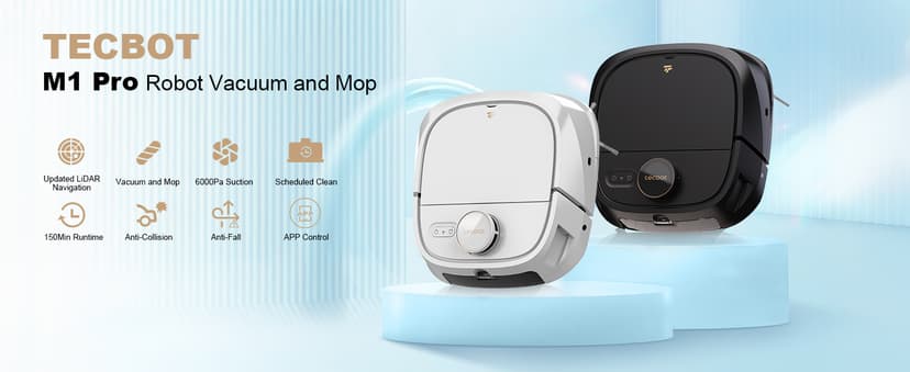 TECBOT M1 Pro Robot Vacuum and Mop - LiDAR Robotic Vacuums Cleaner for Home with Pet Hair, Carpet, Hardwood Floors, Auto Smart Mopping, Self Cleaning, Avoids Obstacles, Voice Control, White