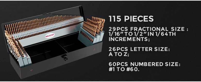 Cobalt Drill Bit Set, 115Pcs M35 High Speed Steel Bits for Hardened Metals, Stainless Steel, Cast Iron and Wooden Plastics, with Metal Index Storage Box