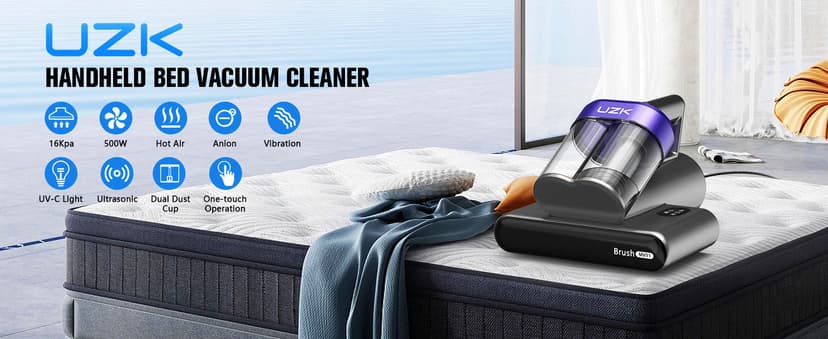 Bed Vacuum Cleaner Mattress Vacuum Cleaner,16Kpa Powerful Handheld Vacuums with UV-C Light & Double Dust Cup & High Heating & Ultrasonic & Anion for Bed Sofa (MV11,Black)